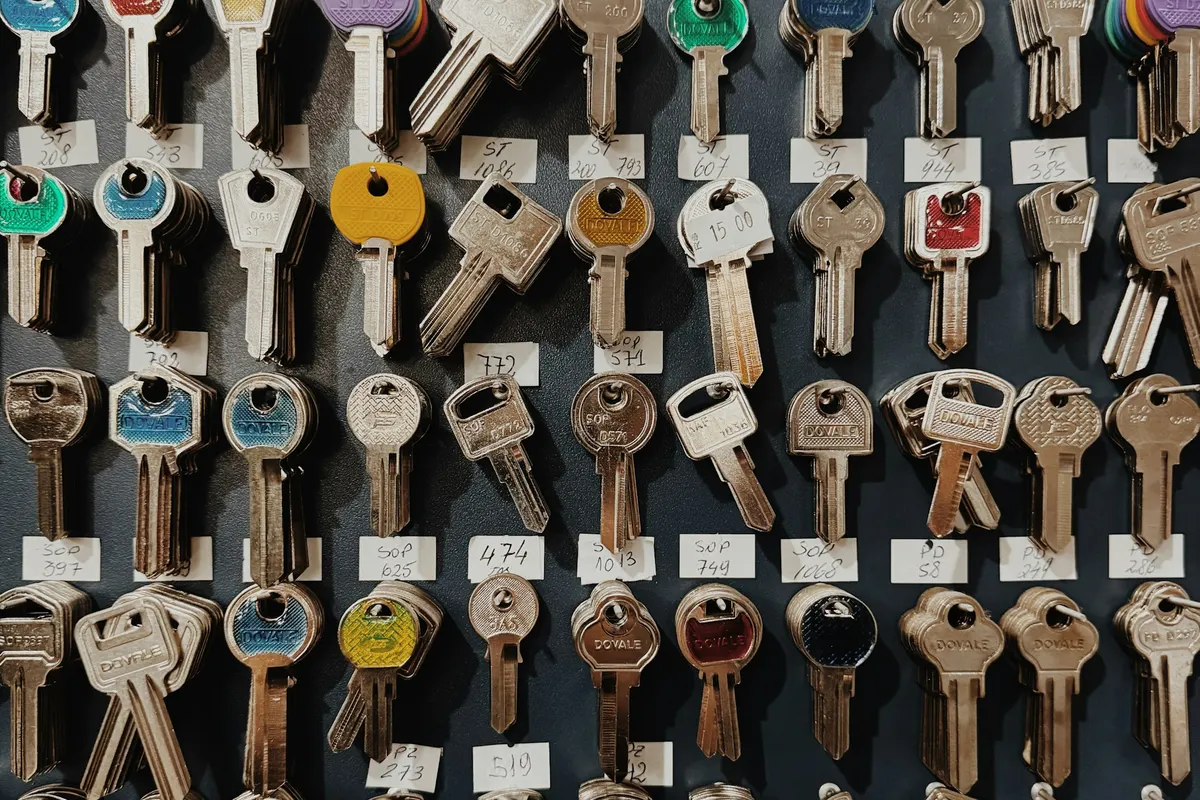 Rows of uncut key blanks hanging on a wall